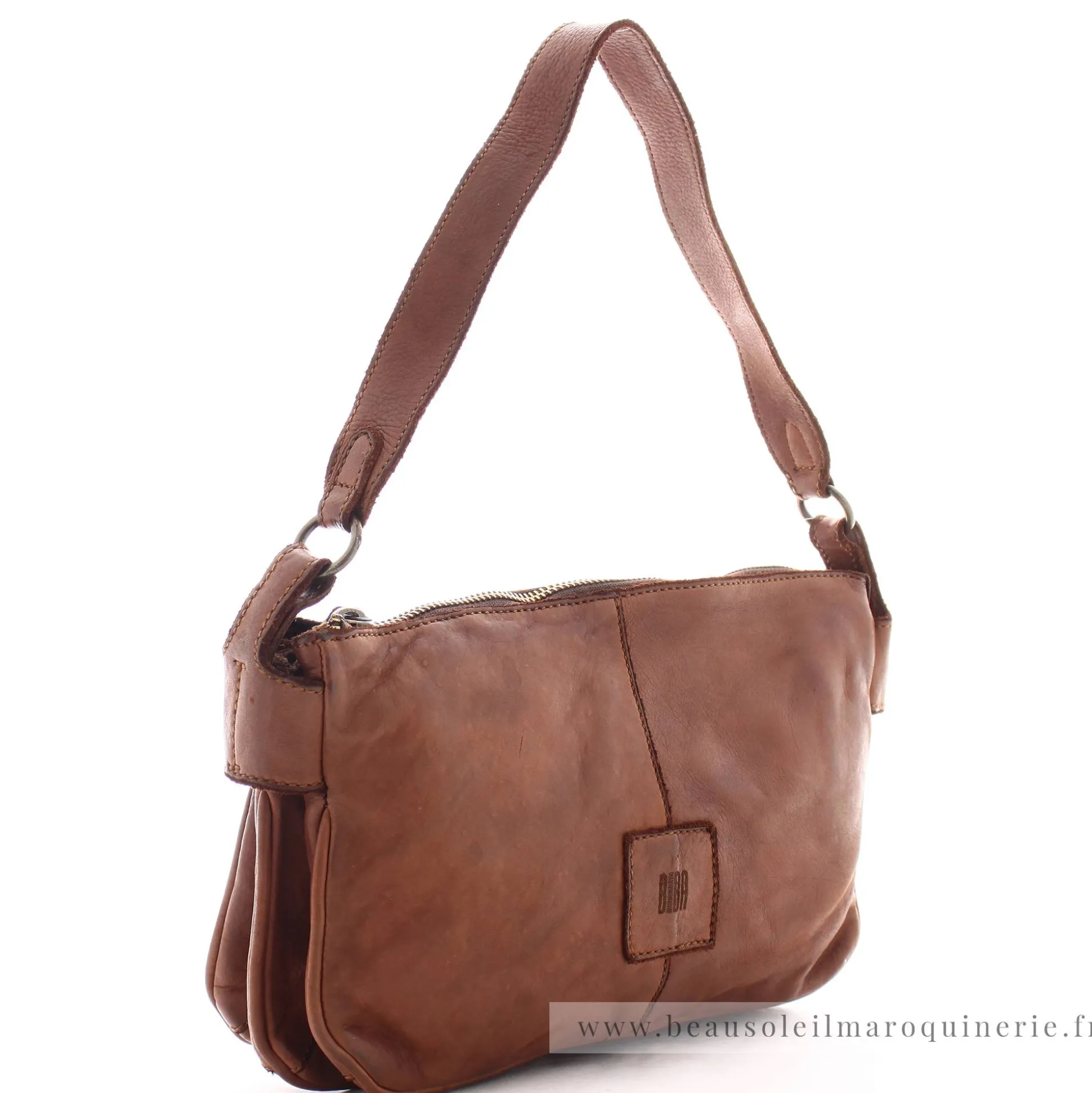 Biba Sac bandouliere zippe Boston cuir vintage*Femme Sacs Bandoulière